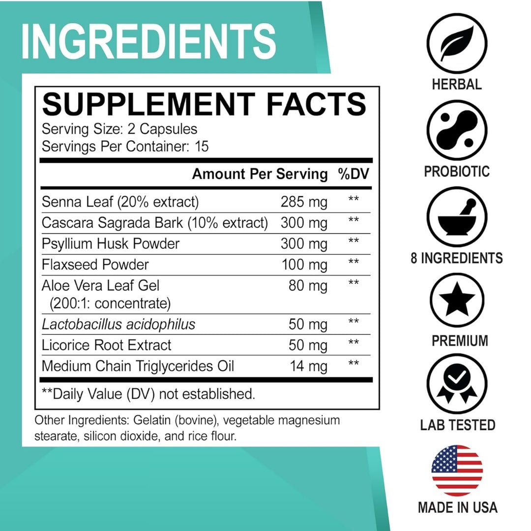 Ingredientes naturales de limpieza de colon: Senna, Cáscara Sagrada, Psyllium, Aloe Vera y probióticos Lactobacillus Acidophilus.