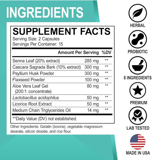 Ingredientes naturales de limpieza de colon: Senna, Cáscara Sagrada, Psyllium, Aloe Vera y probióticos Lactobacillus Acidophilus.