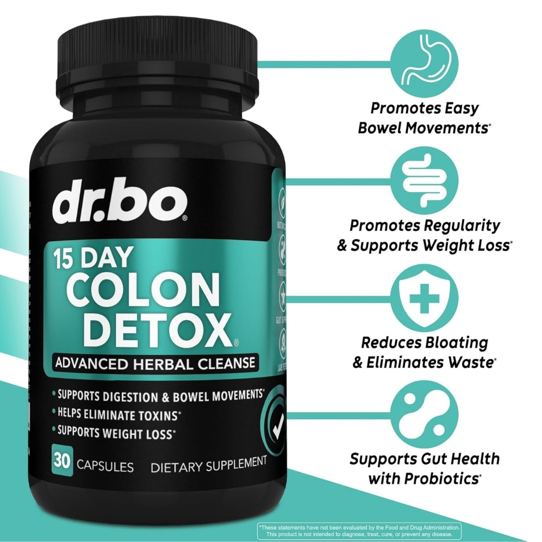 Detox de colon avanzado formulado en USA, sin aditivos ni conservantes, con ingredientes herbales y probióticos para la salud digestiva.