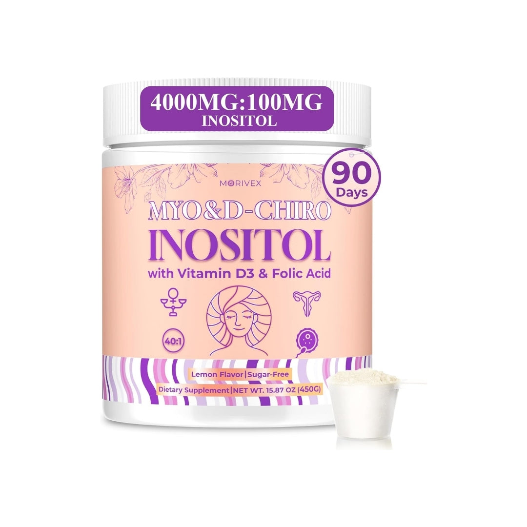 Frasco de Myo & D-Chiro Inositol de Morivex, disponible en Nutribody, con 4000 mg de mio-inositol y 100 mg de D-chiro inositol, sabor limón, suministro para 90 días.