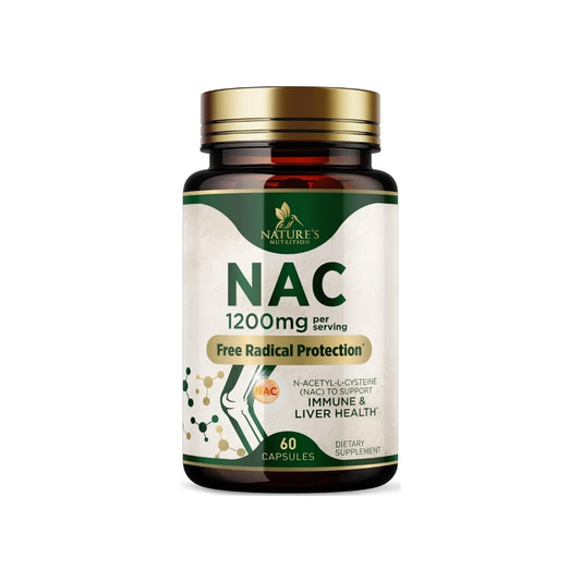 Vista frontal del frasco de suplemento alimenticio NAC (N-Acetyl-L-Cysteine) de la marca Nature's Nutrition. El envase es oscuro con tapa dorada, contiene 60 cápsulas, especifica una dosis de 1,200 mg por porción y destaca la leyenda 'Free Radical Protection' para el apoyo inmune y hepático.