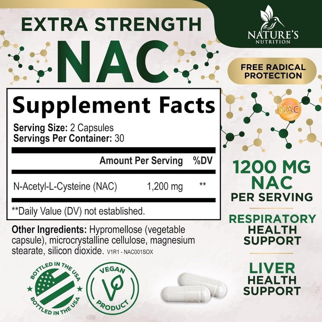 Infografía del suplemento NAC de Nature's Nutrition que muestra la tabla de información nutricional: 1,200 mg de N-Acetil-L-Cisteína por porción (2 cápsulas) y 30 porciones por envase. Destaca los sellos 'Vegan Product', 'Bottled in the USA' y sus beneficios para la salud respiratoria y hepática.