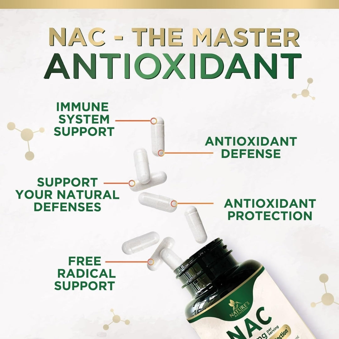Gráfico publicitario titulado 'NAC - The Master Antioxidant' que muestra cápsulas blancas saliendo del frasco del suplemento. Líneas indicadoras destacan sus propiedades: apoyo al sistema inmunológico, defensas naturales, soporte contra radicales libres y protección antioxidante.