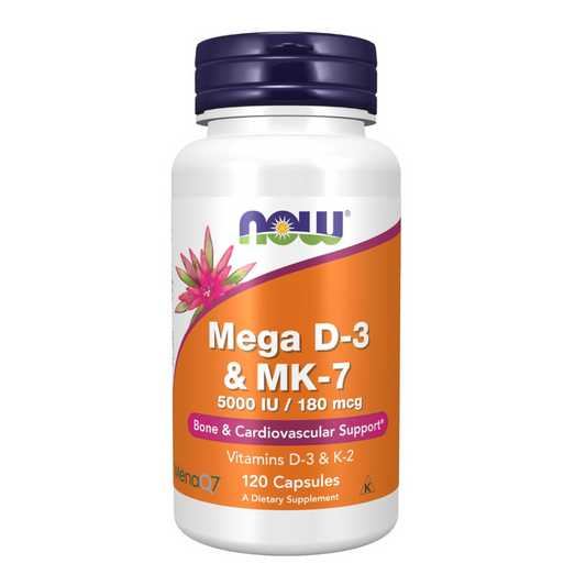 NOW Suplementos, Mega D-3 y MK-7, 5000 UI/180 mcg, apoyo óseo y cardiovascular*, vitaminas K-3 y K-2, 120 cápsulas