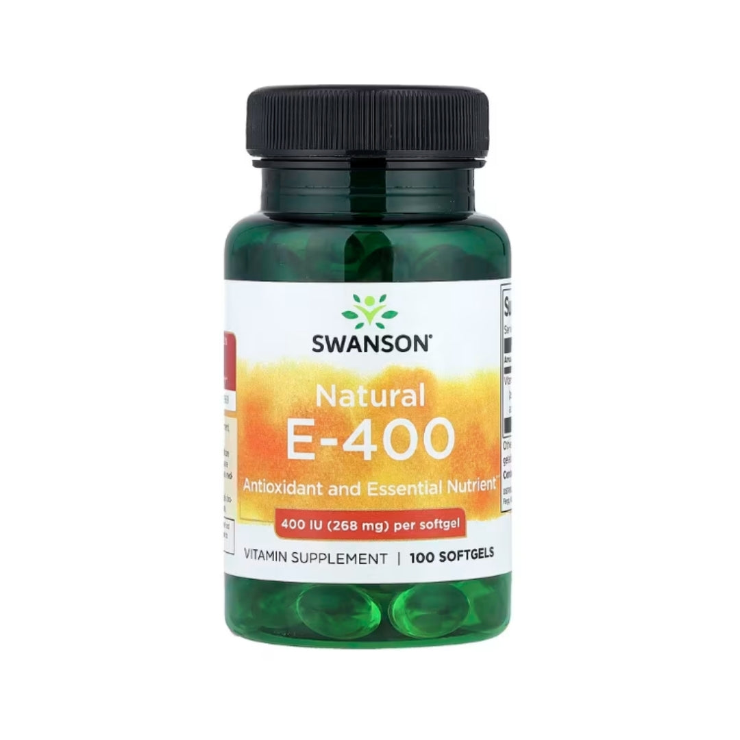 Frasco de Vitamina E natural Swanson E-400 con 100 cápsulas blandas (softgels), potente antioxidante de 268 mg (400 UI) para soporte nutricional esencial.