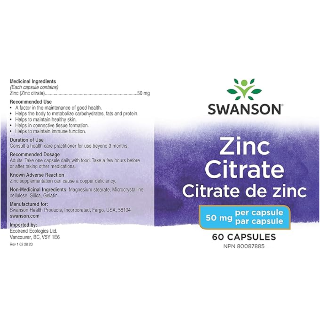 Swanson Citrato de Zinc Apoyo Inmune Salud de la Próstata 50 Miligramos 60 Cápsulas