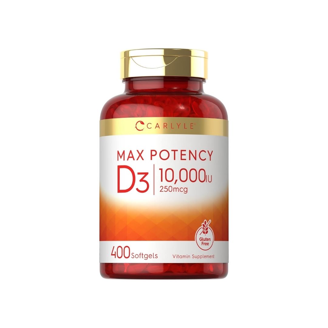 Frasco de Vitamina D3 Carlyle Max Potency 10,000 UI (250 mcg), 400 cápsulas blandas, libre de gluten, disponible en Nutribody.
