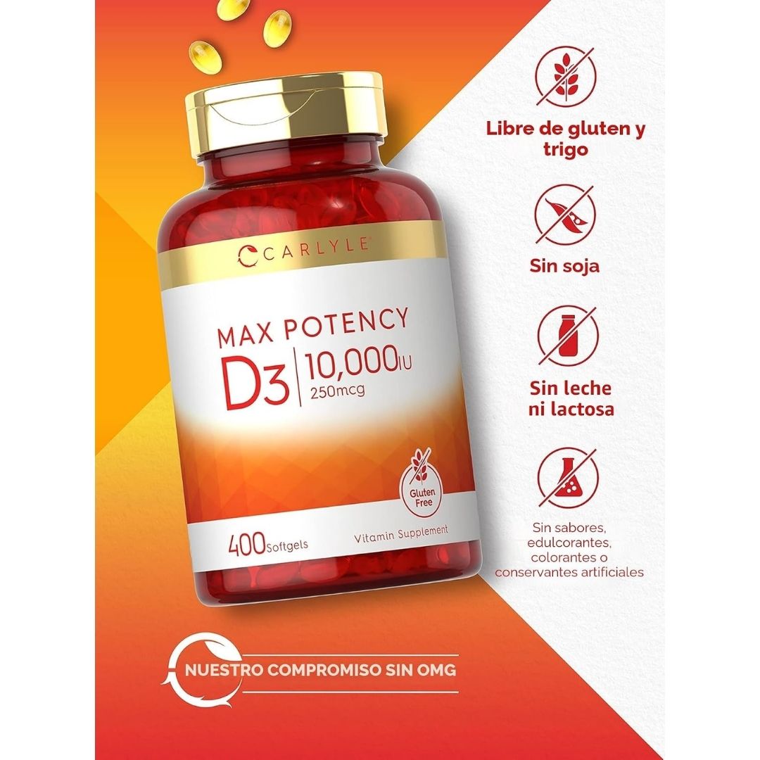 Infografía de la Vitamina D3 Carlyle 10,000 UI: libre de gluten y trigo, sin soya, sin leche ni lactosa, sin sabores, edulcorantes, colorantes ni conservantes artificiales, y sin OGM, en Nutribody.