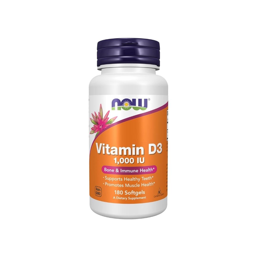 Frasco de Vitamina D3 NOW Foods 1,000 UI, 180 cápsulas blandas, para salud ósea e inmunológica, disponible en Nutribody.