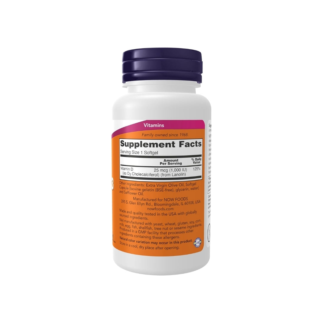 Tabla de información nutricional de la Vitamina D3 NOW Foods: 25 mcg (1,000 UI) de colecalciferol por cápsula blanda, sin gluten, soya, lácteos ni maní, disponible en Nutribody.