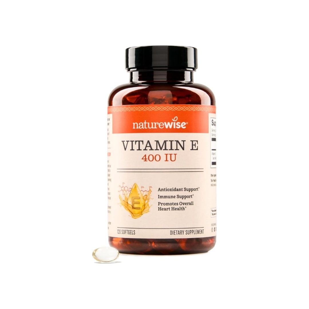 Frasco de Vitamina E 400 UI de NatureWise, disponible en Nutribody, 120 cápsulas blandas con soporte antioxidante, inmunológico y cardiovascular.