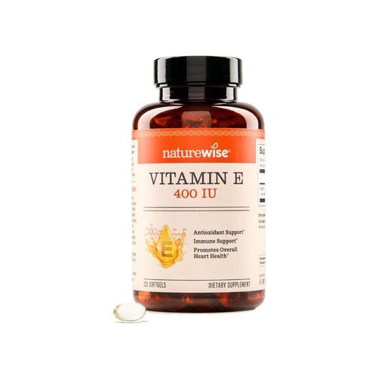 Frasco de Vitamina E 400 UI de NatureWise, disponible en Nutribody, 120 cápsulas blandas con soporte antioxidante, inmunológico y cardiovascular.