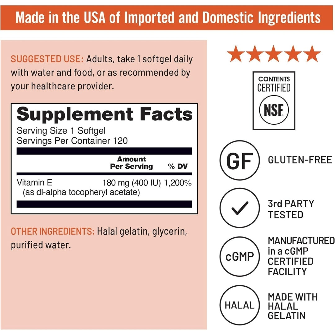 Tabla de Información Suplementaria de la Vitamina E 400 UI de NatureWise en Nutribody, con 180 mg de dl-alfa tocoferil acetato, sellos NSF, sin gluten y cGMP.