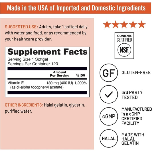 Tabla de Información Suplementaria de la Vitamina E 400 UI de NatureWise en Nutribody, con 180 mg de dl-alfa tocoferil acetato, sellos NSF, sin gluten y cGMP.