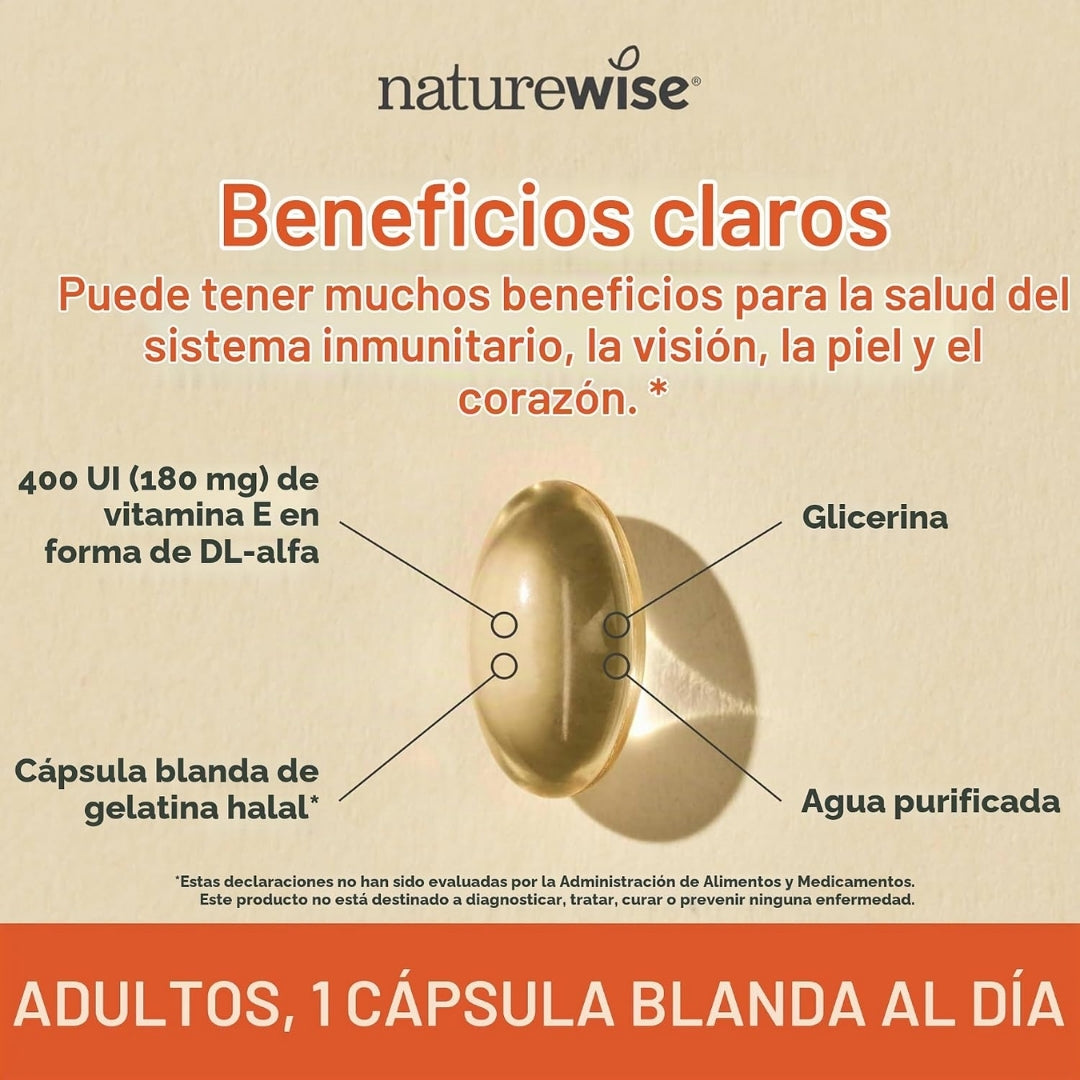Cápsula blanda de Vitamina E de NatureWise en Nutribody con 400 UI de vitamina E, glicerina, gelatina halal y agua purificada, 1 cápsula al día.