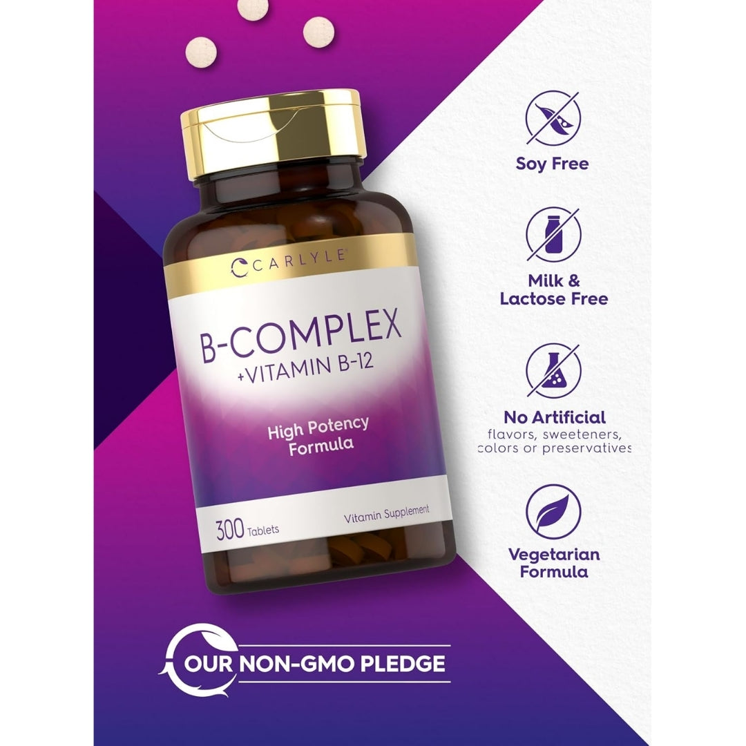 Gráfico promocional del Complejo B Carlyle que resalta las exclusiones de alérgenos y pureza del producto mediante iconos: libre de soya, libre de leche y lactosa, sin sabores, edulcorantes ni conservantes artificiales, y fórmula vegetariana.