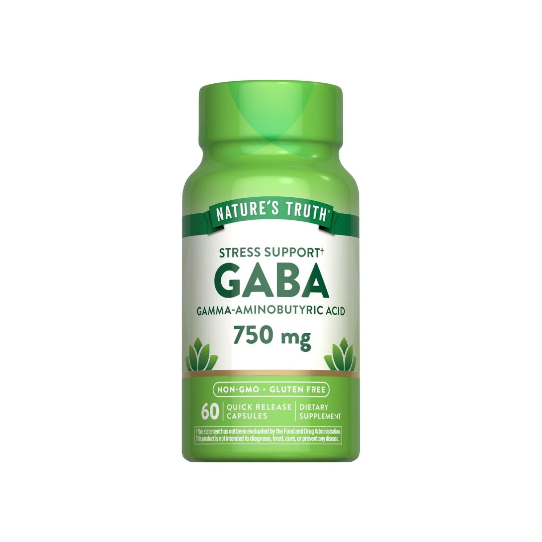 Frasco de GABA (ácido gamma-aminobutírico) Nature's Truth de 750 mg, apoyo para el estrés, 60 cápsulas de liberación rápida, disponible en Nutribody.