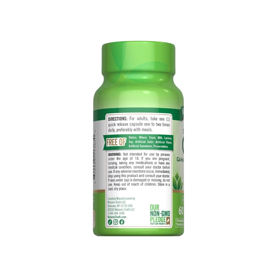 Vista posterior del frasco de GABA Nature's Truth con modo de uso, ingredientes y advertencias, producto a la venta en la tienda Nutribody.