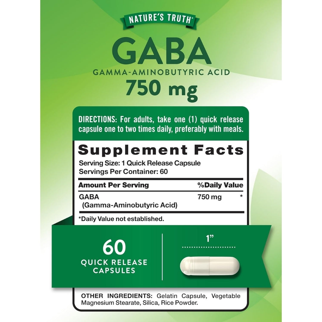 Tabla de información nutricional del suplemento GABA (ácido gamma-aminobutírico) Nature's Truth, 750 mg por cápsula, 60 cápsulas de liberación rápida, disponible en Nutribody.
