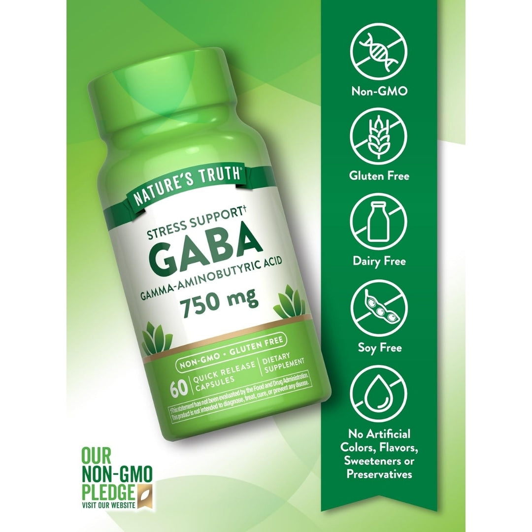 Infografía de certificaciones del GABA Nature's Truth 750 mg: sin OGM, sin gluten, sin lácteos, sin soya y sin colorantes, sabores, edulcorantes ni conservantes artificiales, en Nutribody.