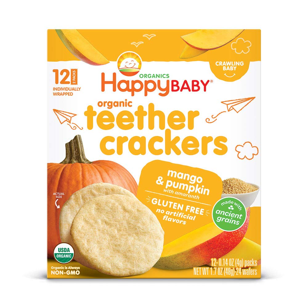 Galletas orgánicas Happy Baby sabor mango y calabaza, sin gluten ni azúcares añadidos, para bebés desde 6 meses, snack natural y sin OGM.